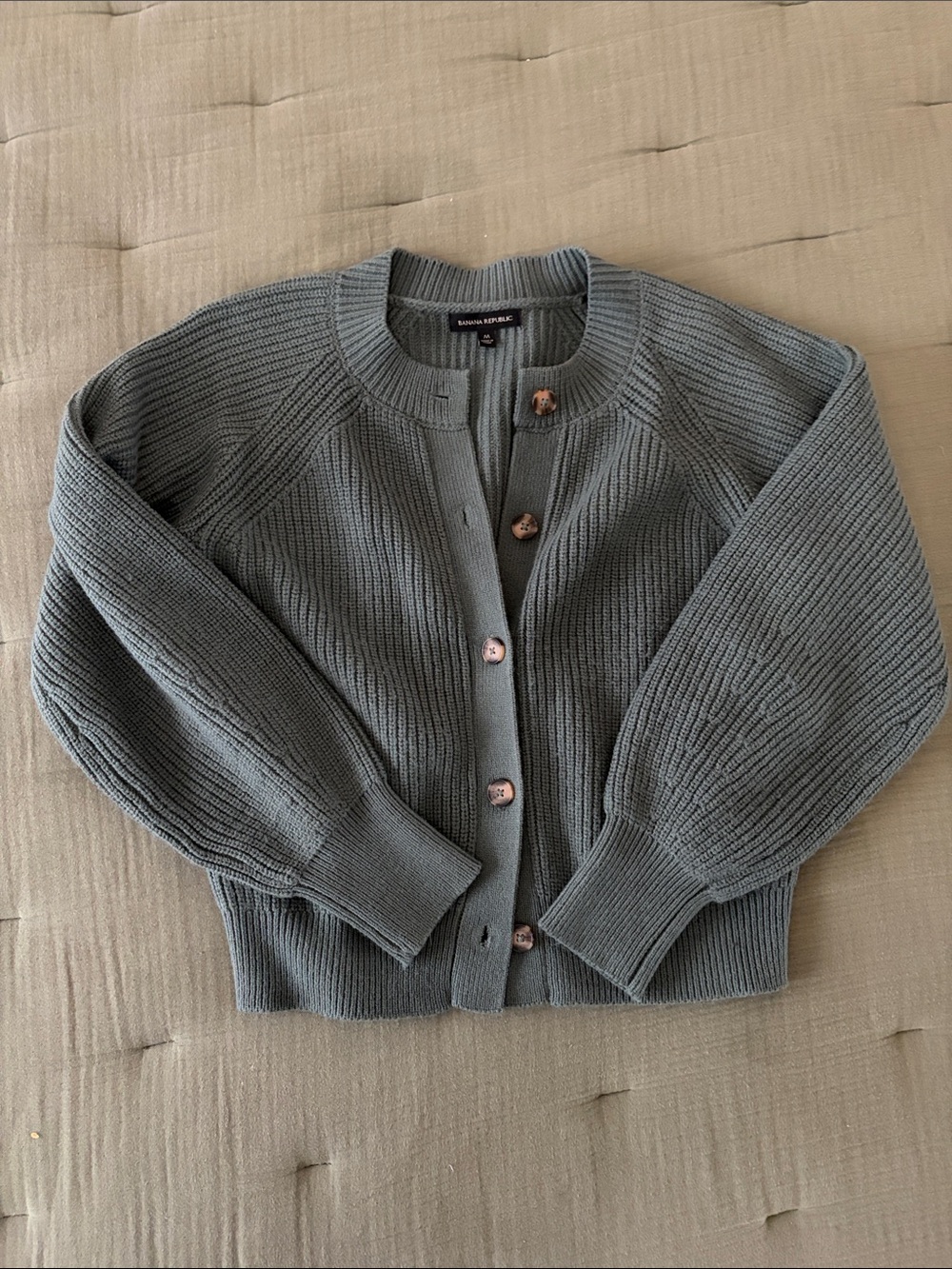 Banana Republic Women's Slate Green Ribbed Crewneck Cardigan with Buttons
